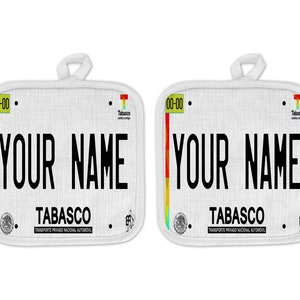 Personalized Oven Mitt and Potholder Set Custom Name Mexico Tabasco Linen