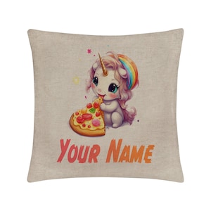 Personalized Pillow Cover Custom Name Unicorn Eating Pizza with Candy Toppings 15.75x15.75 inches Linen  - no insert