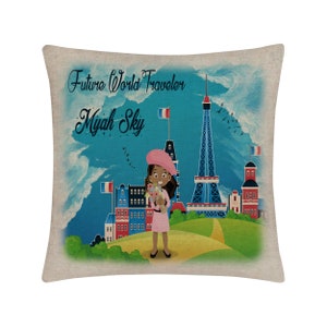 Personalized Pillow Cover Custom Name Future World Traveler African American Girl 15.75x15.75 inches Linen  - no insert