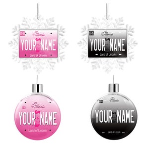Personalized Ornament Custom Name Illinois State Pink Blackout Holiday 2021 License Plate Christmas Tree