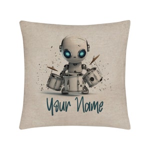Personalized Pillow Cover Custom Name Robot Band Drums Drummer 15.75x15.75 inches Linen  - no insert