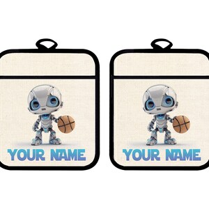 Personalized Oven Mitt and Potholder Set Custom Name Futuristic Robot Basketball Player Linen
