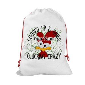Saco de embrulho de presente personalizado com nome personalizado galinha engraçada cacarejando saco de Papai Noel louco