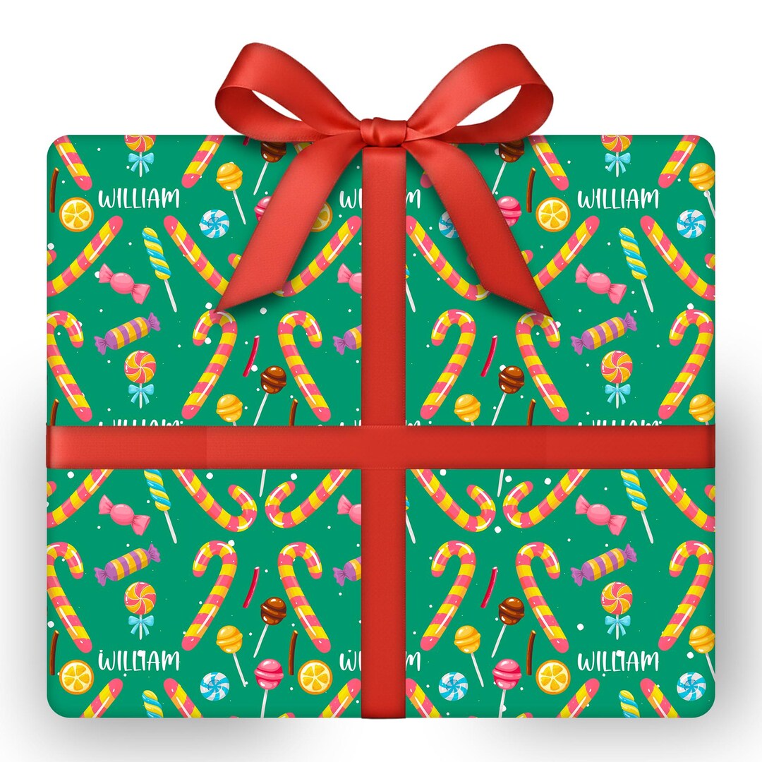 Personalized Candy Stripe Wrapping Paper Holiday Gift Wrap With Red