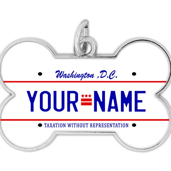 Personalized Dog Tag Custom Name State Washington DC License Plate  Bone Shaped Metal Pet ID