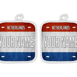 Personalized Oven Mitt and Potholder Set Custom Name License Netherlands Flag Plate Linen