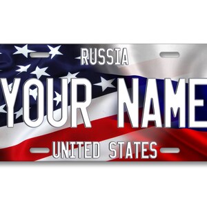 パーソナライズされたナンバープレートカスタム名混合米国とロシアの国旗プレート - 車両、自転車、オートバイ、ゴルフカート、モペット