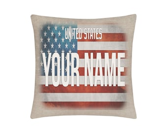Copricuscino personalizzato Nome personalizzato Licenza USA Bandiera Targa 15.75x15.75 pollici Lino - senza inserto