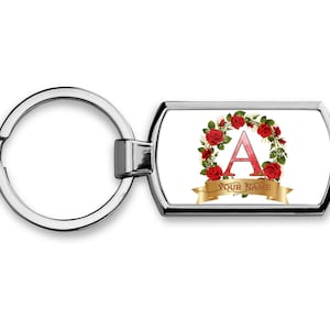 Llavero personalizado Nombre personalizado Hermosa corona de rosa con bandera dorada Monograma Carta Recuerdo Metal