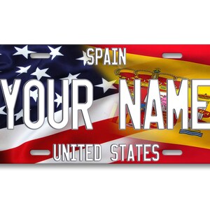 パーソナライズされたナンバープレートカスタム名混合米国とスペインの国旗プレート - 車両、自転車、オートバイ、ゴルフカート、モペット