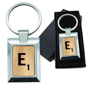 Keychain Monogram Wooden Letter E Rectangle Metal