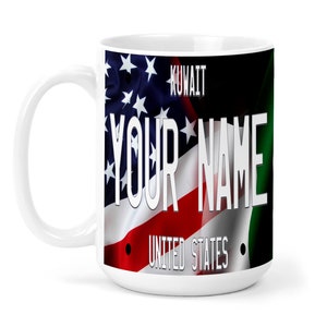 Personalized Mug Custom Name Mixed USA and Kuwait Flag Plate 15oz Ceramic Mug