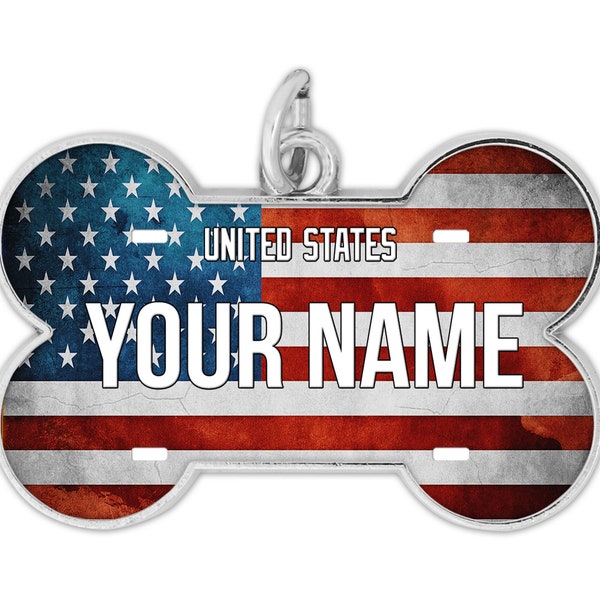 Personalized Dog Tag Custom USA Name Country Flag Bone Shaped Metal Pet ID