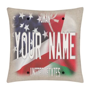 Personalized Pillow Cover Custom Name Mixed USA and Oman Flag Plate 15.75x15.75 inches Linen  - no insert