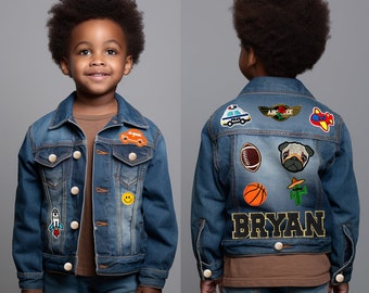 LIMITED EDITION jongens gepersonaliseerde aangepaste naam denim jasje met dinosaurus, auto's, vrachtwagens, sport - baby, peuter, tieners Afro-Amerikaans