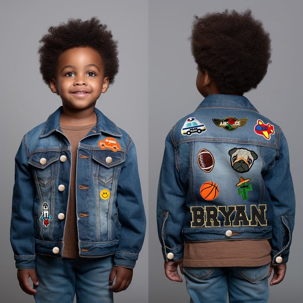 LIMITED EDITION jongens gepersonaliseerde aangepaste naam denim jasje met dinosaurus, auto's, vrachtwagens, sport - baby, peuter, tieners Afro-Amerikaans