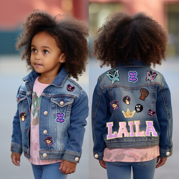 Personalisierte benutzerdefinierte Namens-Jeansjacke für Mädchen mit schwarzen Girl Love Magic-Aufnähern – Baby, Kleinkind, Teenager, Afroamerikaner