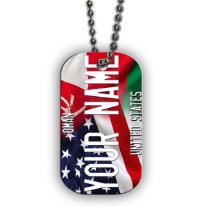 Personalized Military Dog Tag Necklace Custom Name Mixed USA and Oman Flag Single Sided Metal  with Beaded Chain