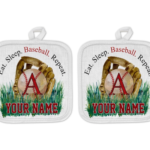 Personalized Oven Mitt and Potholder Set Custom Name Eat Sleep Play Baseball Monogram Letter Linen
