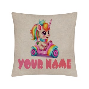 Gepersonaliseerde kussensloop Aangepaste naam Unicorn Go Cart Racer 15,75x15,75 inch Linnen - geen inzetstuk