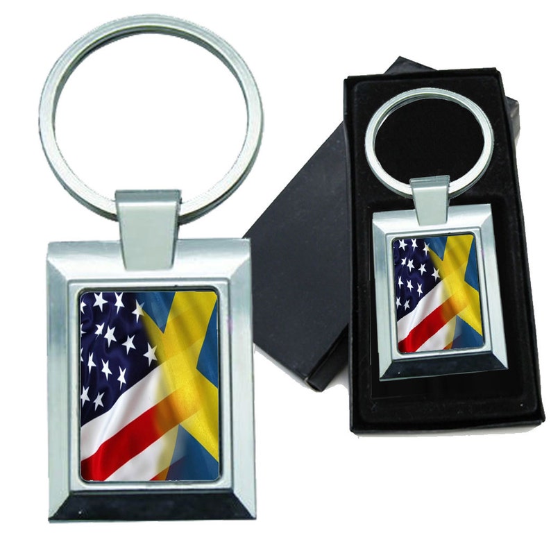 Keychain Mixed USA and Sweden Flag Rectangle Metal image 1