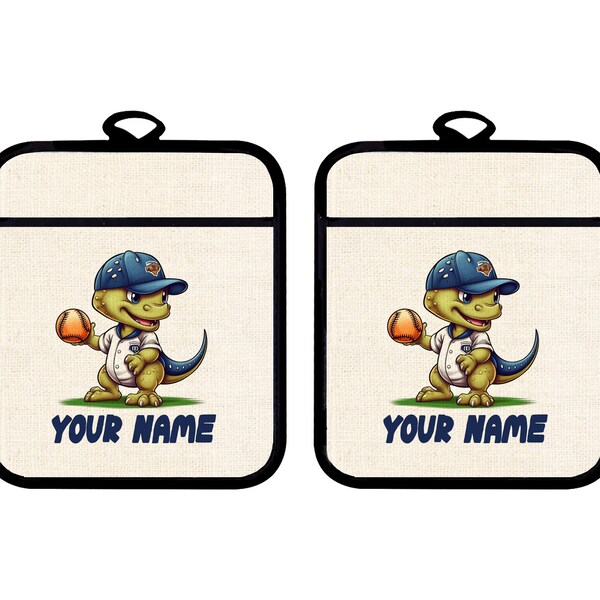 Personalized Oven Mitt and Potholder Set Custom Name Dinosaur Baseball Pitcher Linen