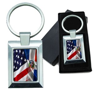 Keychain Mixed USA and Dominican Republic Flag Rectangle Metal