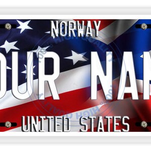 パーソナライズされたナンバープレートミックス米国とノルウェーの国旗バニティタグ - 車両、自転車、オートバイ、ゴルフカート、モペット