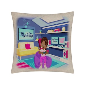 May include: A pillow featuring a cartoon illustration of a young girl playing video games in her bedroom. The bedroom has a sofa, a beanbag chair, and a desk with a computer. The text "Myah Sky" is on a framed picture on the wall. The text "Future Software Developer" is on a computer monitor. The text "GAME ON!" is on another computer monitor.