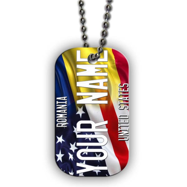 Personalized Military Dog Tag Necklace Custom Name Mixed USA and Romania Flag Single Sided Metal  with Beaded Chain