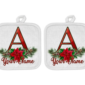 Personalized Oven Mitt and Potholder Set Custom Name Christmas Poinsettia Monogram Letter Linen