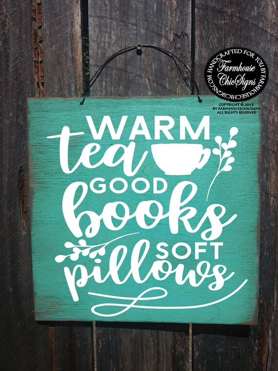 Hot Tea Good Book Soft Pillow Rustic Wood Sign