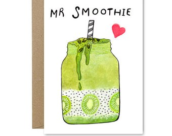 VEGAN LOVE BUG Greeting Card Range - 'Mr Smoothie' - Anniversary, Birthday, Valentines, Cute, Nutrition, Love, Eco Friendly, Plastic Free