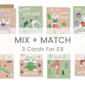 Tarjetas de felicitación Conjunto de 3 - Mezclar y combinar - Elija su propia obra de arte - Vegano, Yoga, Bienestar, Ético, Nutrición. Tarjetas ecológicas y recicladas