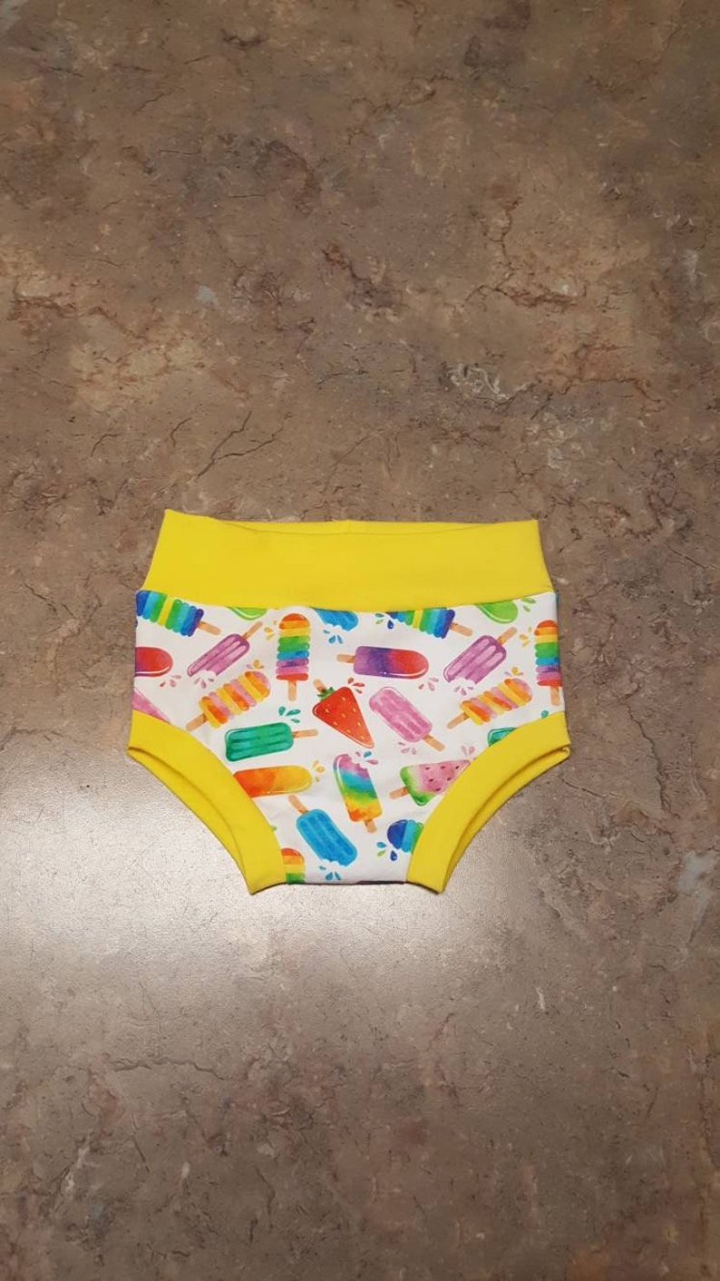 Popsicle Print on White with Yellow Trim Jersey Knit bummies toddler diaper cover Summer Ice Pops Baby Girl Bummies