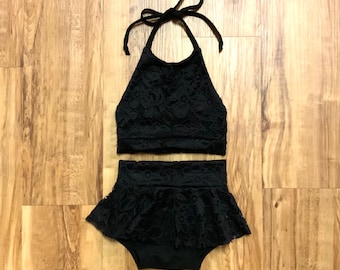 Black Lace and Jersey Knit Cropped Halter Top and Skirted Bummie set.