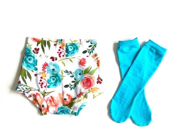 Turquoise Floral Print Jersey Knit Bummies with Turquoise Knee Socks Baby girls bummie set toddler diaper cover