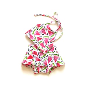 Watermelon Cropped Halter Top and Skirted Bummie Set, Baby Bummie Girls Clothing set