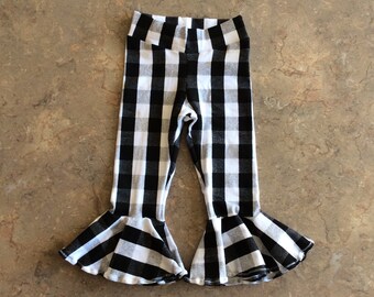 Black and White Buffalo Plaid Bell Bottom Jersey Knit Leggings Toddler Leggings Baby Leggings with Matching Headband
