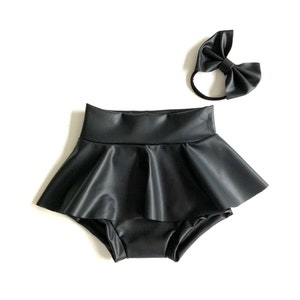 Black Faux Leather Skirted bummies toddler diaper cover girls bloomers Matching Headband