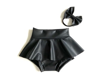 Black or Red Faux Leather Skirted bummies toddler diaper cover girls bloomers Matching Headband