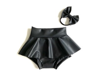 Black Faux Leather Skirted bummies toddler diaper cover girls bloomers Matching Headband