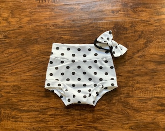 White with Black Polka Dots Jersey Knit bummies and Bow Headband toddler diaper cover Girls floral stripe bummies