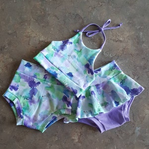 Peacock Watercolors Cropped Halter Top and Skirted Bummie or Bummie set.