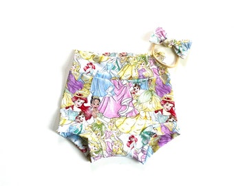 Princesses Jersey Knit bummies and Bow Headband toddler diaper cover Girls floral stripe bummies