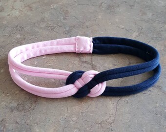 Navy and Light Pink Sailor Knot Headband, Jersey knit Stretch Headband - Choose Size