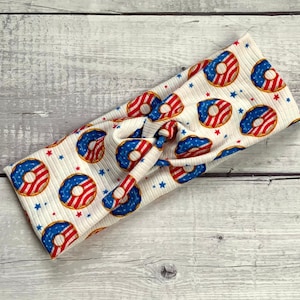 4th of July Donut Print Soft Stretchy Twist Headband Womens Turban Twist headb Yoga Headbands Comfy Non-Slip Headband Girls sports headband
