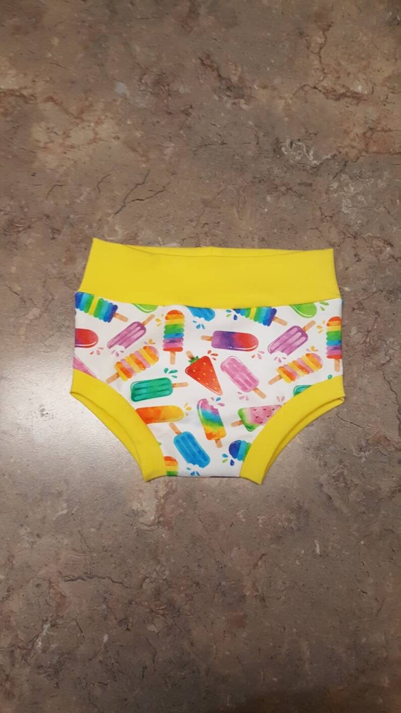Popsicle Print on White with Yellow Trim Jersey Knit bummies toddler diaper cover Summer Ice Pops Baby Girl Bummies
