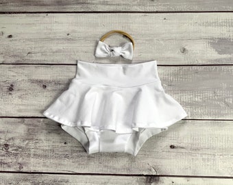 White Cotton Spandex Jersey Knit Skirted bummies toddler diaper cover girls bloomers Matching Bow Headband