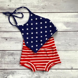 4th of July Cropped Halter Top and Bummie Set, Baby Bummie Girls Stars and Stripes Clothing Independence Day Red White and Blue